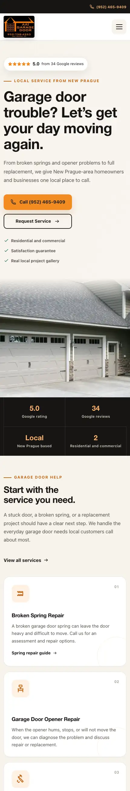 AAI Garage Door website scrolling on a phone