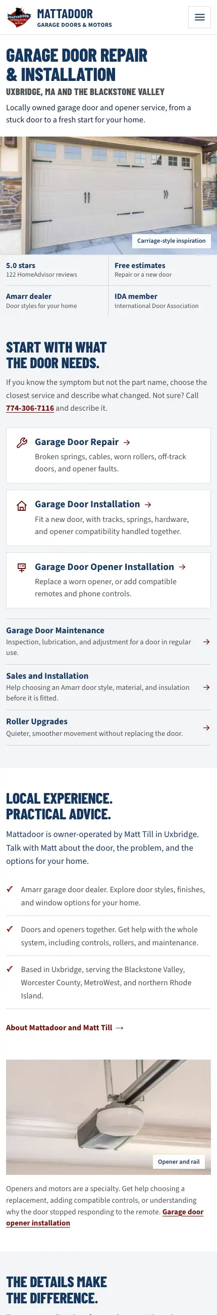 Mattadoor Garage Doors and Motors website scrolling on a phone