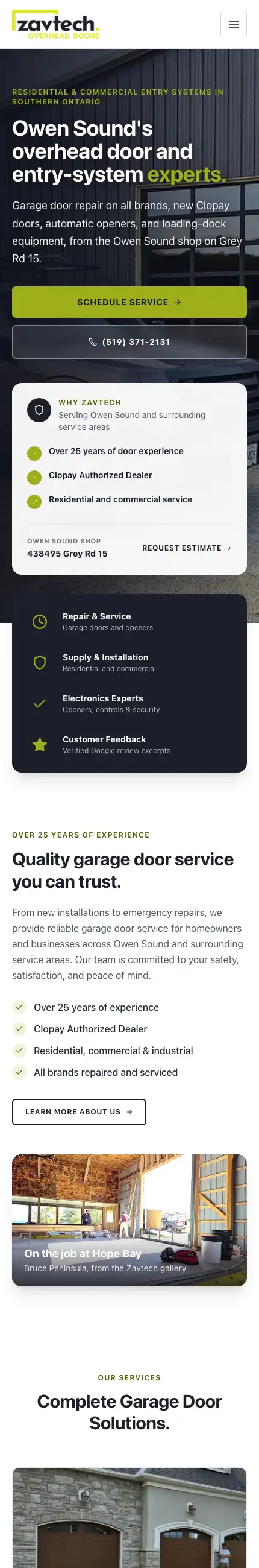 Zavtech Overhead Doors website scrolling on a phone