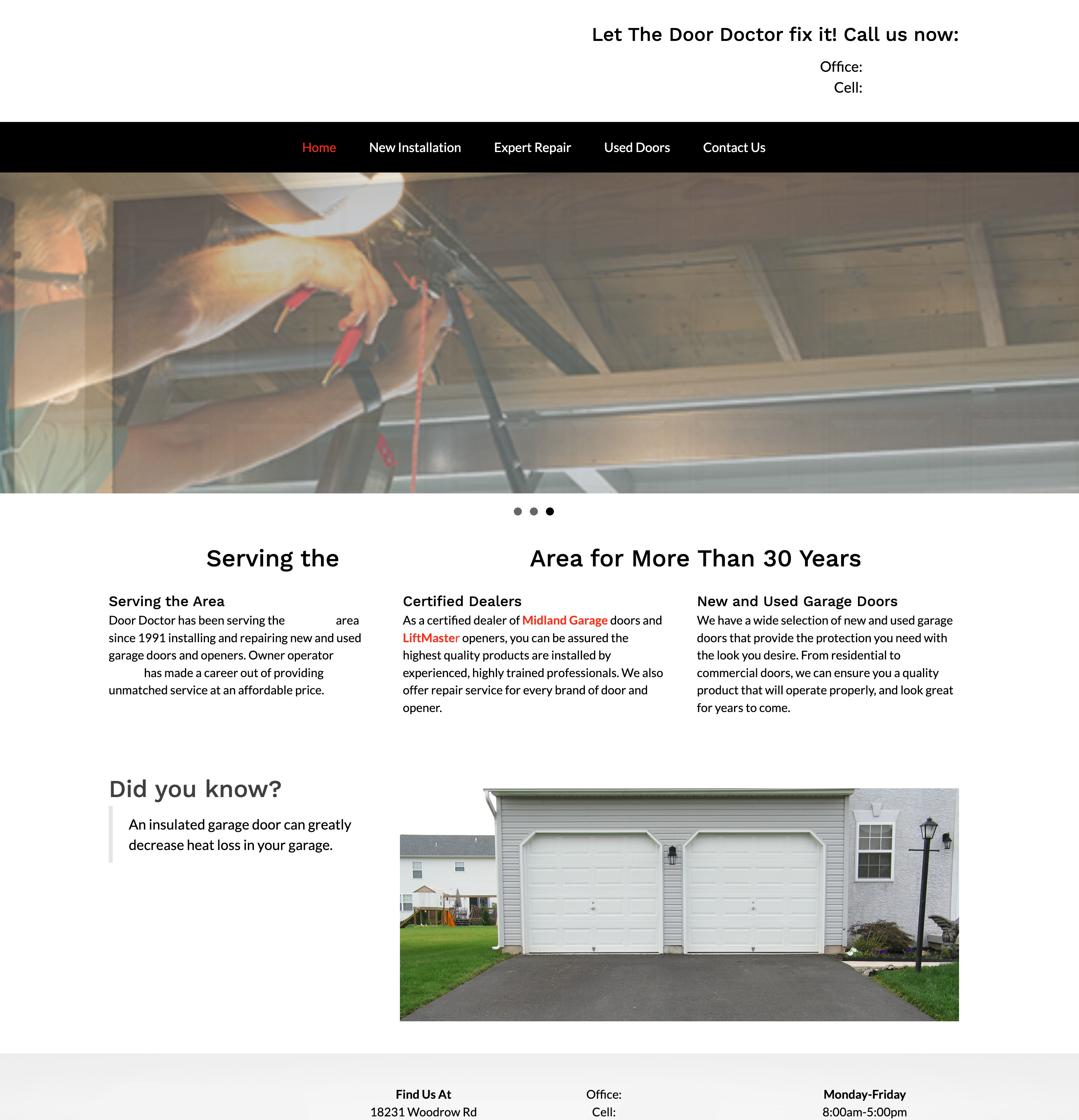 Real anonymized garage door site — empty phone fields and a broken column layout
