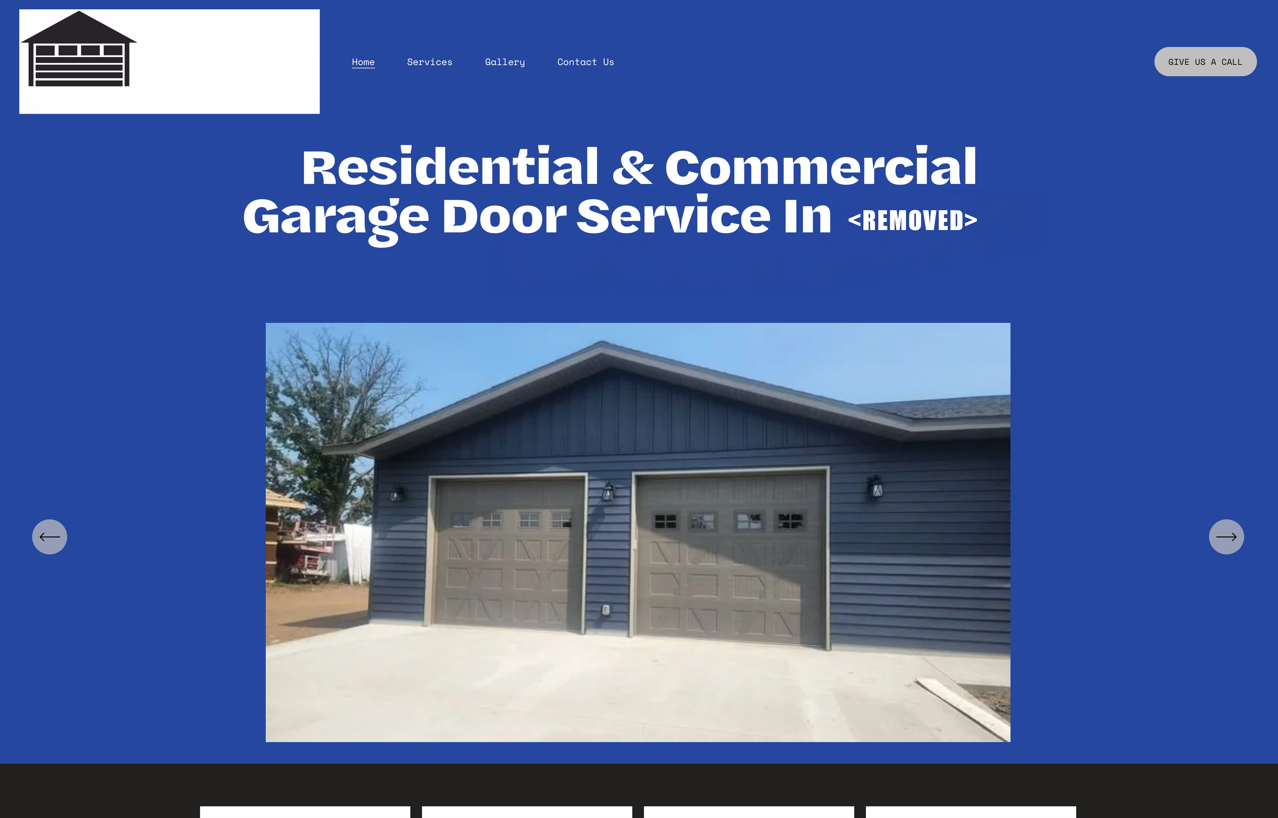 Real anonymized garage door site — bright blue GoDaddy Website Builder template with a placeholder where the location should be