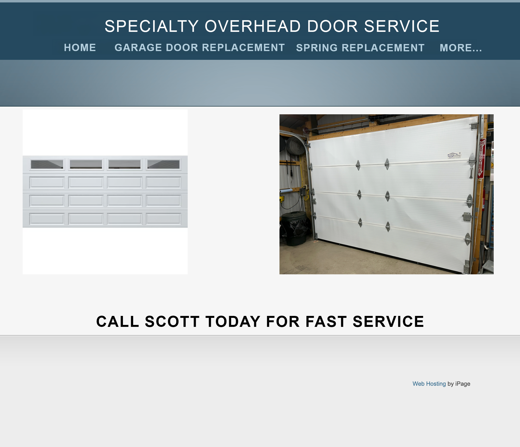 Real anonymized garage door site — 1996-era styling with iPage hosting attribution at the bottom