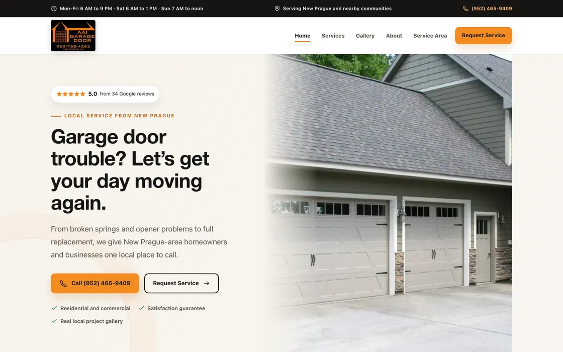 AAI Garage Door homepage on a desktop screen: a five-star Google rating badge, the headline "Garage door trouble? Let’s get your day moving again," and call and request-service buttons beside a photo of white garage doors