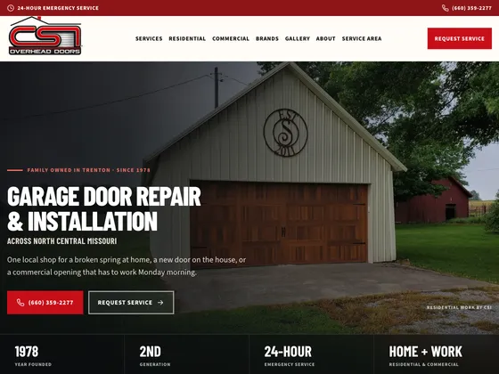 CSI Overhead Doors homepage, a garage door company website in Trenton, Missouri, with the phone number, services, and a quote button above the fold
