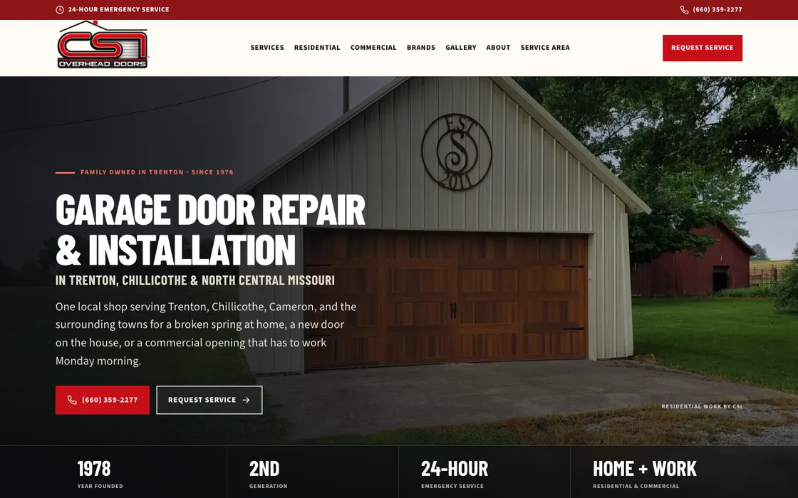 CSI Overhead Doors homepage on a desktop screen: garage door repair and installation in Trenton, Chillicothe, and north central Missouri, with the phone number and a request-service button in the hero