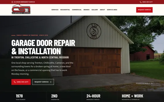 CSI Overhead Doors homepage on a desktop screen: garage door repair and installation in Trenton, Chillicothe, and north central Missouri, with the phone number and a request-service button in the hero