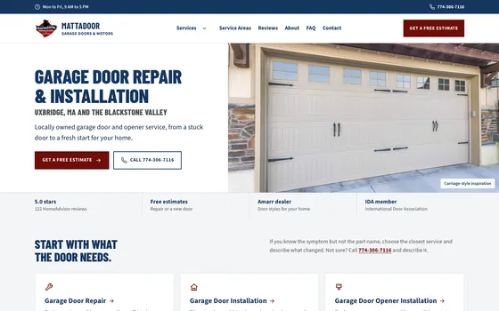 Mattadoor Garage Doors and Motors homepage on a desktop screen: garage door repair and installation for Uxbridge, Massachusetts and the Blackstone Valley, with a free-estimate button, the phone number, and a carriage-style door photo