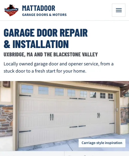 Mattadoor Garage Doors and Motors website scrolling on a phone