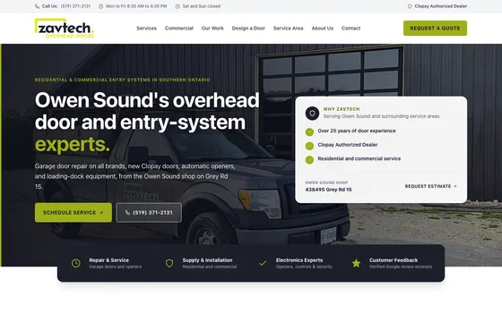 Zavtech Overhead Doors homepage on a desktop screen: the headline "Owen Sound’s overhead door and entry-system experts" over a photo of the shop truck, with schedule-service and phone buttons and a why-Zavtech card