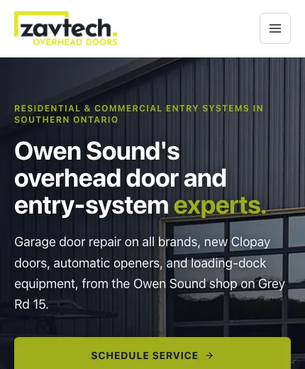 Zavtech Overhead Doors website scrolling on a phone