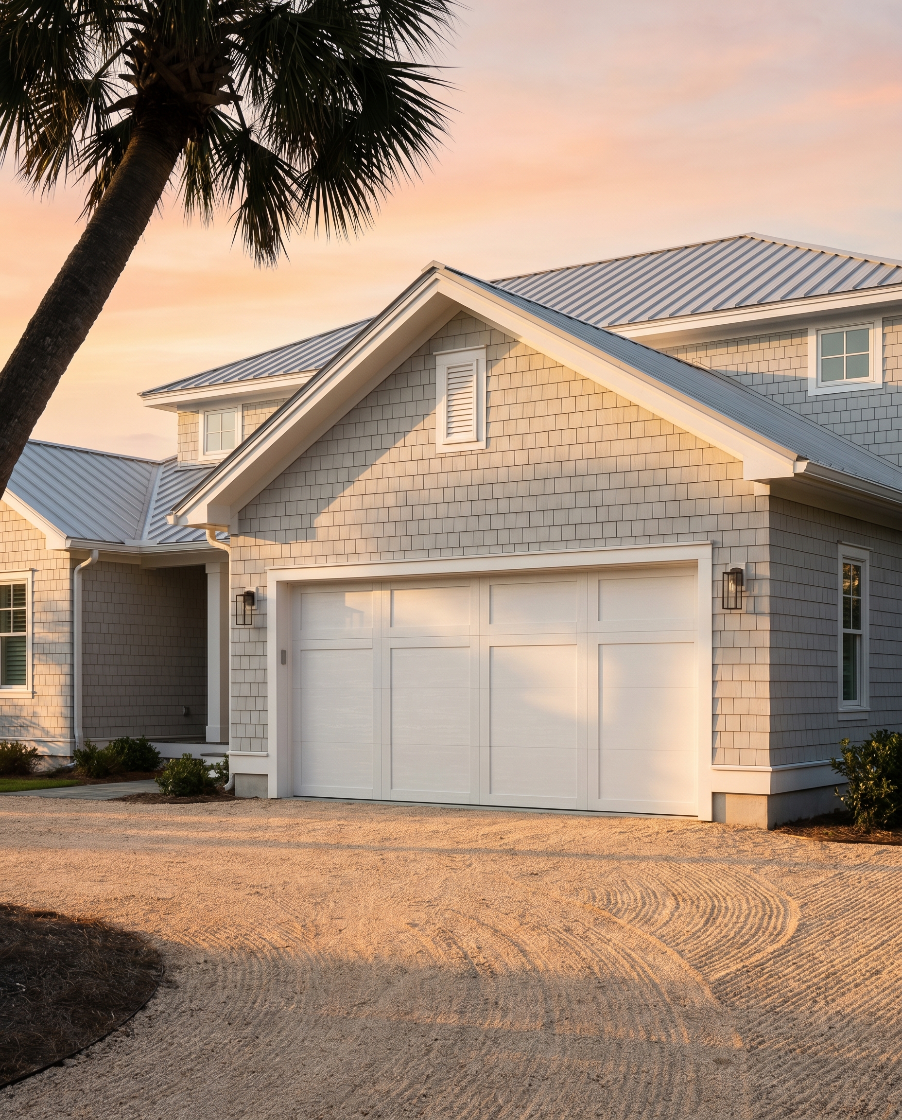 Coastal North Carolina home with a modern white carriage-style garage door at golden hour