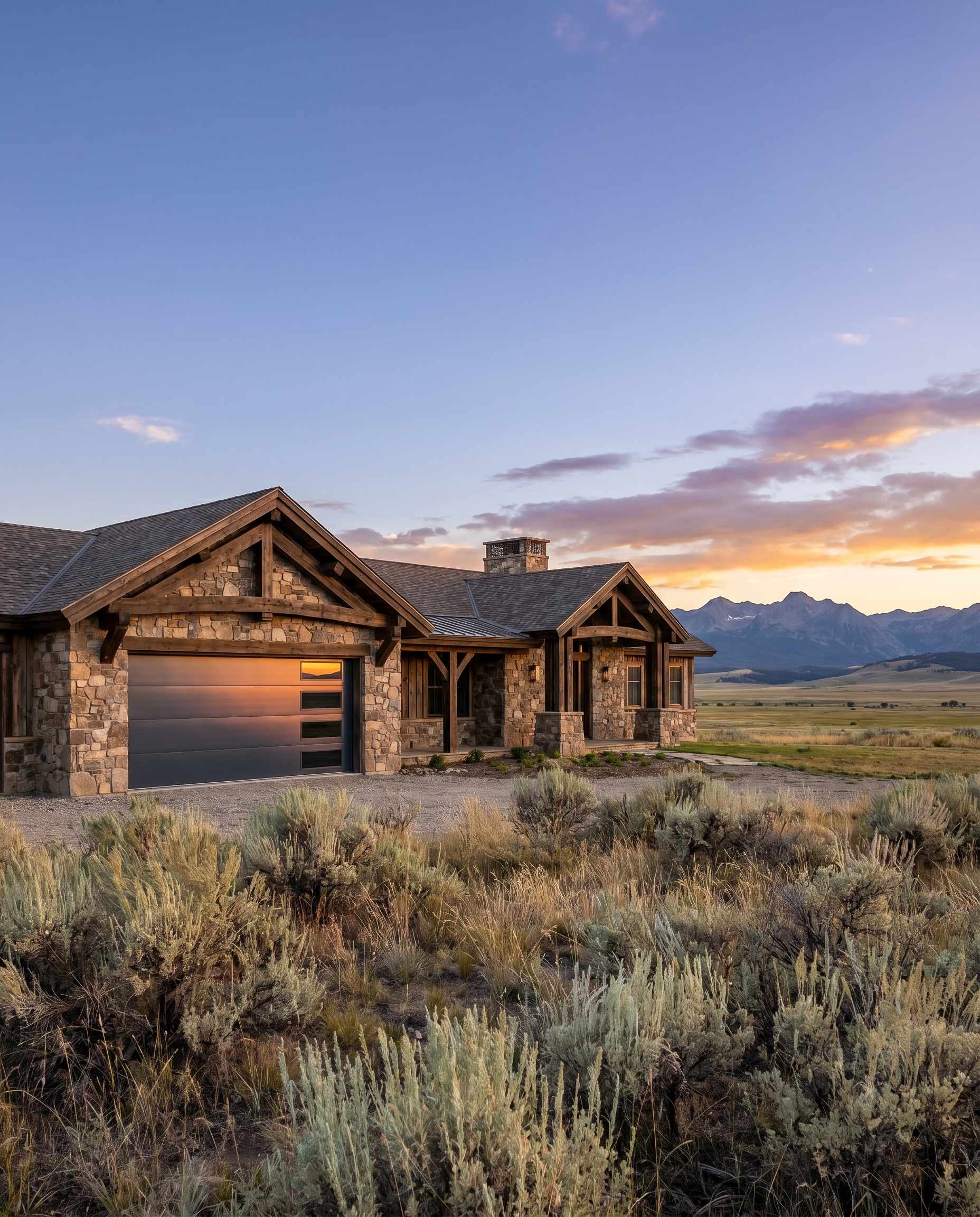 Wyoming ranch-style stone-and-timber home with a modern insulated garage door, sage brush and mountains in the distance
