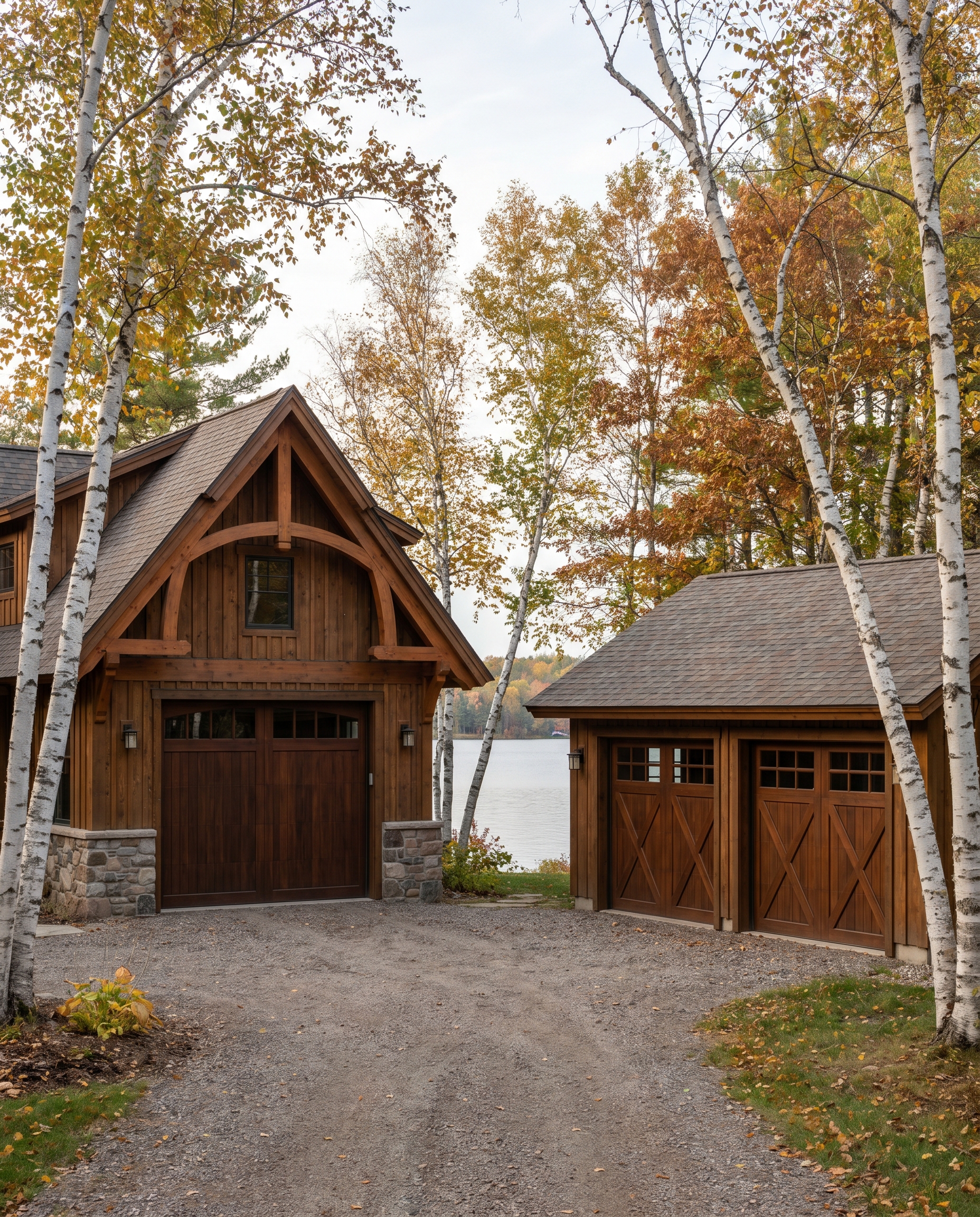 Northern Michigan cedar timber-frame cottage with carriage-style wood garage doors among white birch trees in fall