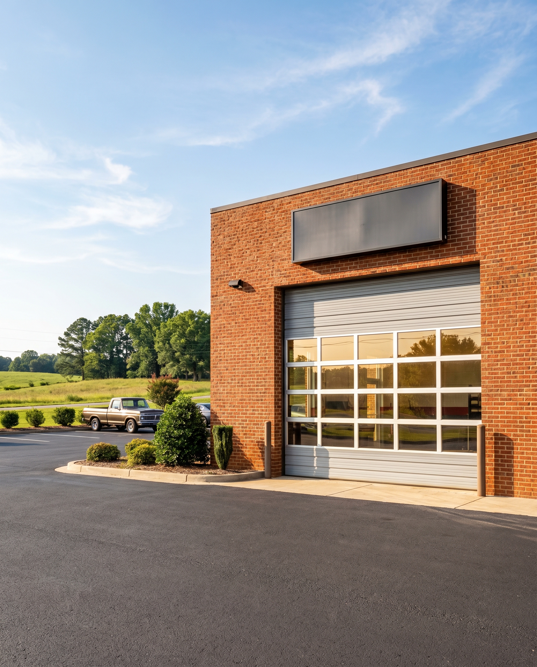 South Carolina Piedmont brick service bay with a glass-panel commercial overhead door