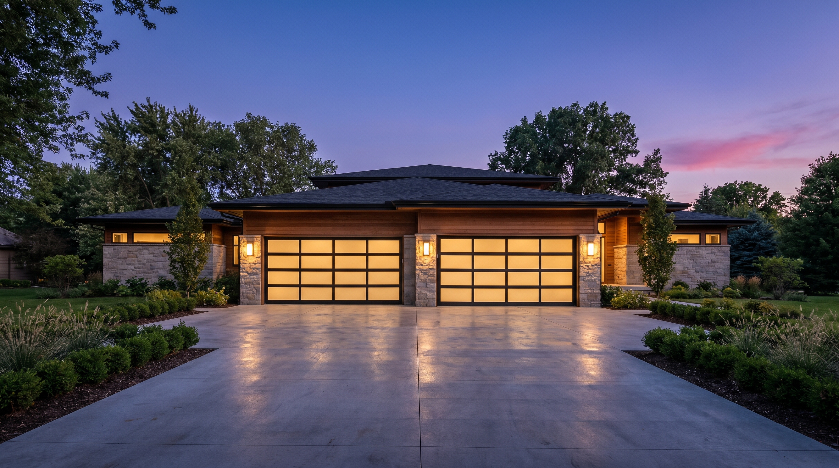 Modern Denver-area home with glass-paneled garage doors illuminated at dusk