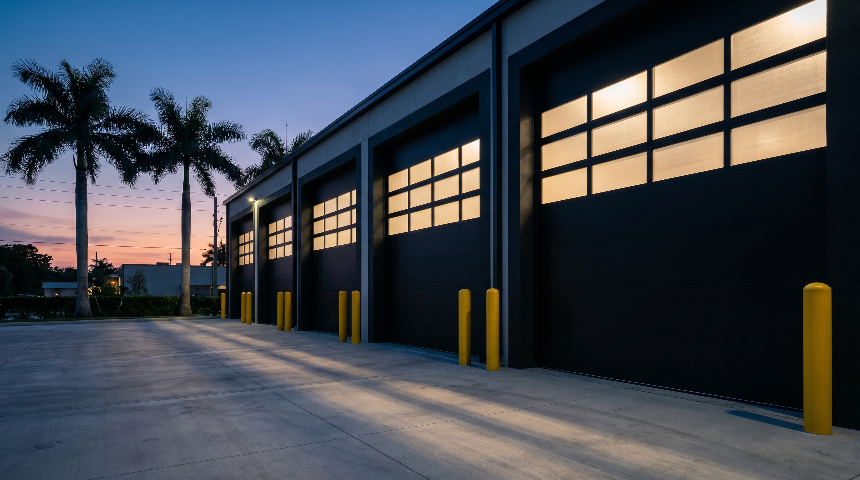 Modern commercial bay-door warehouse at dusk with palm trees, South Florida