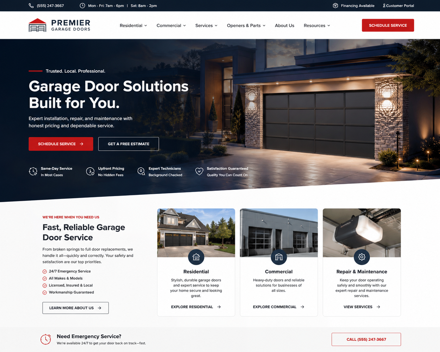 Sample After mock — clean modern garage door company website with dark hero, click-to-call, and clear service grid