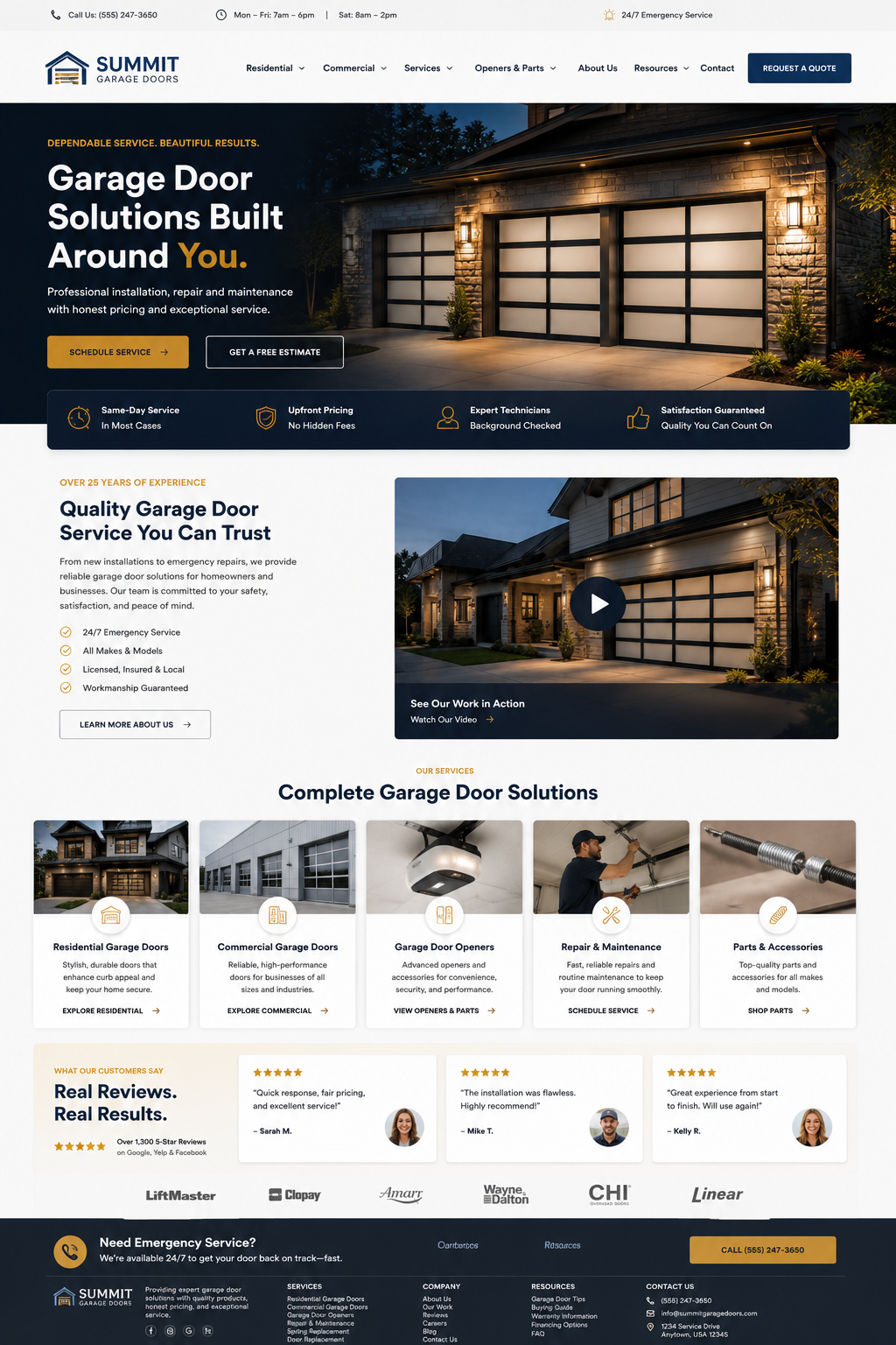 Sample After mock — clean modern garage door company website with services grid, video, and customer testimonials
