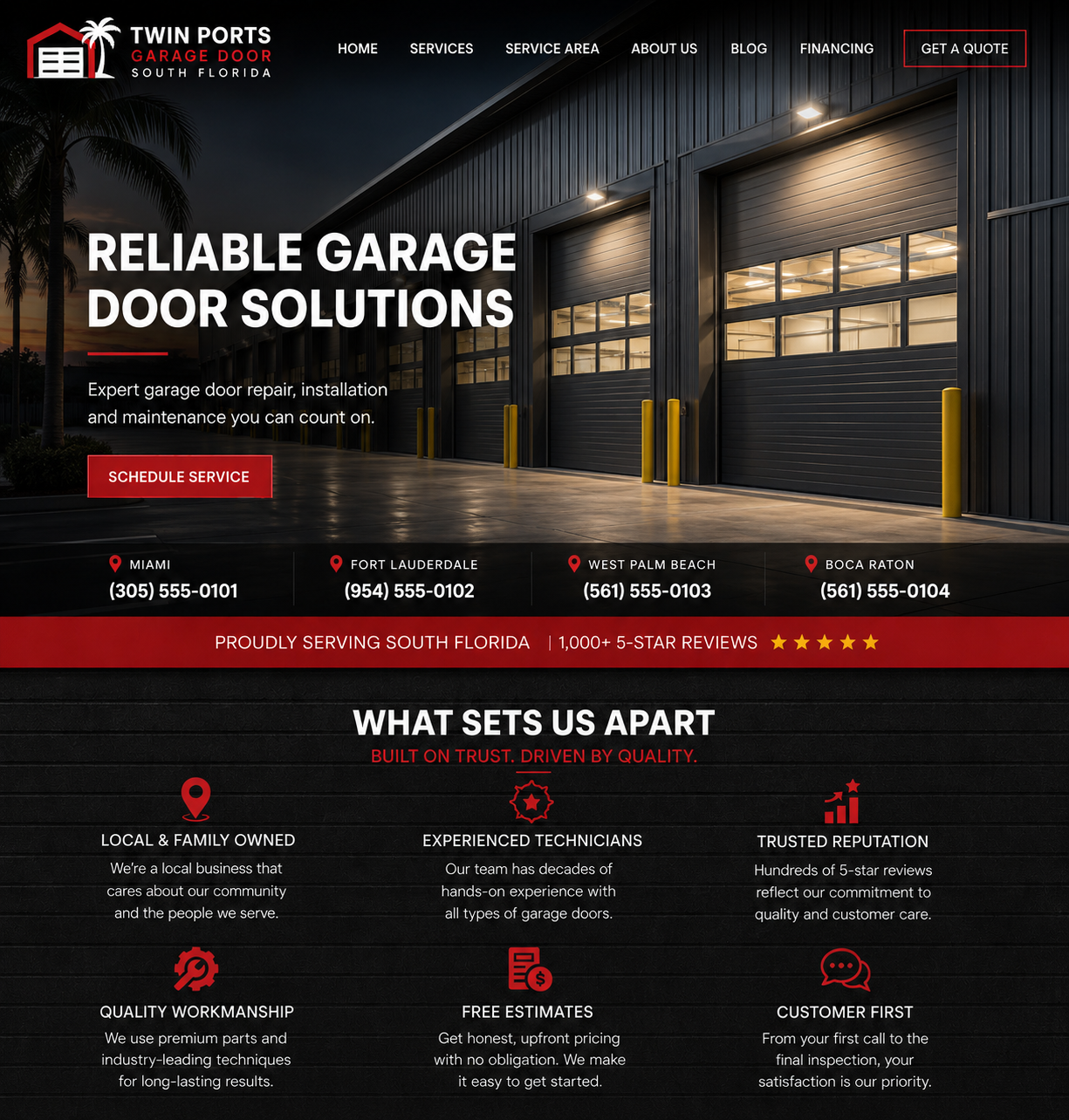 Sample After mock — modern multi-location garage door company website with phone numbers per service area