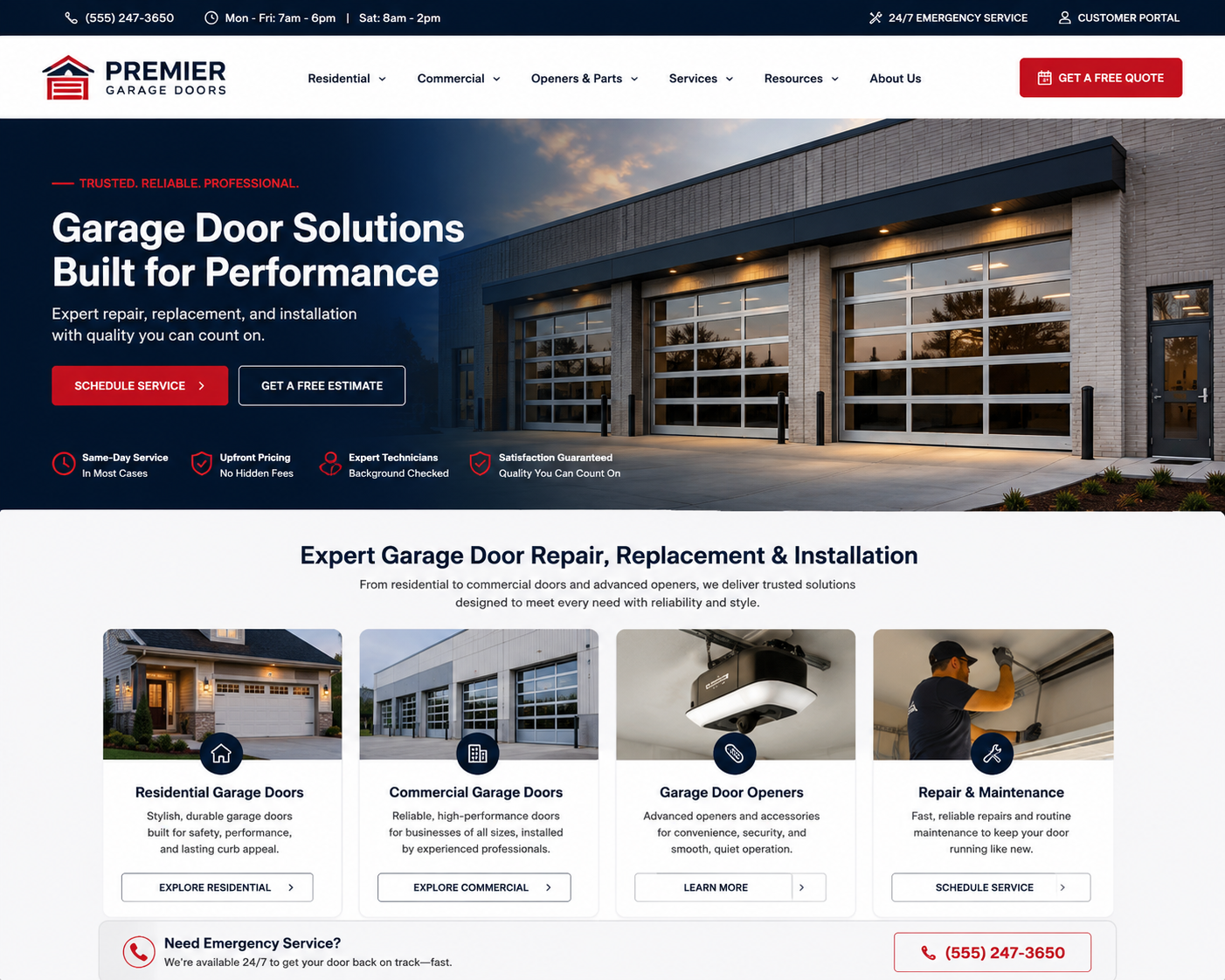 Sample After mock — modern garage door company website with commercial-focused brick warehouse hero and service cards