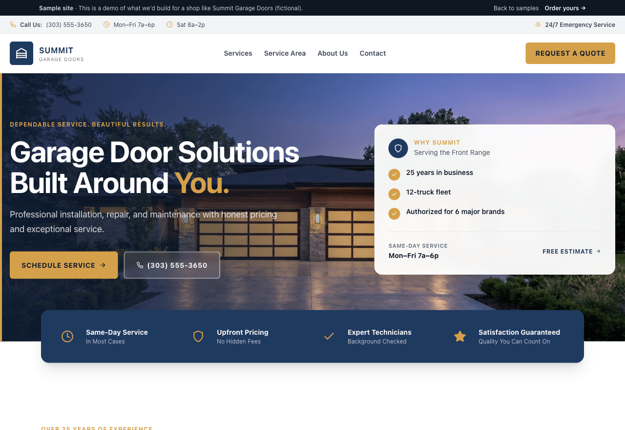 Sample navy-and-gold garage door website showing trusted door brands and customer reviews
