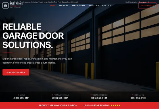 Sample garage door company homepage with a clear service message, phone number, and call-to-action buttons